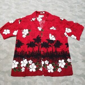 Fun Wear Hawaiian Shirt Men Medium Red Short Sleeve Button-Up Hibiscus Palm Tree